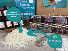 Load image into Gallery viewer, Candle making activity kit with eco-friendly soy wax and containers on a table.