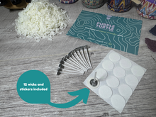 Load image into Gallery viewer, Wicks and wick stickers which come included in the candle activity set.
