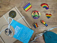 Load image into Gallery viewer, LGBTQ+ Rainbow Badges Gift Set | 6 Style Pack + Gift Box | Gay Pride Week | Metal Rainbow Bag &amp; Clothes Badges | 100% Ecofriendly Packaging
