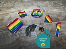Load image into Gallery viewer, LGBTQ+ Rainbow Badges Gift Set | 6 Style Pack + Gift Box | Gay Pride Week | Metal Rainbow Bag &amp; Clothes Badges | 100% Ecofriendly Packaging
