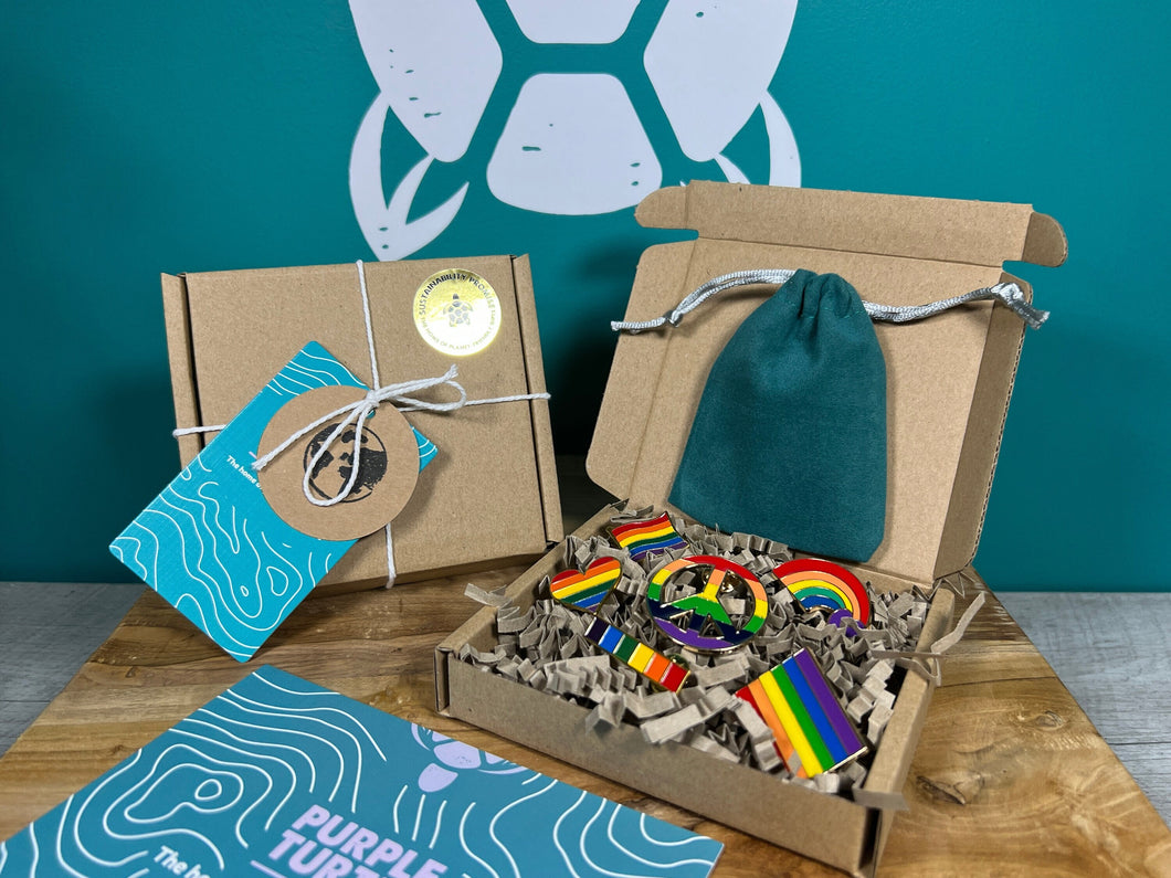 LGBTQ+ Rainbow Badges Gift Set | 6 Style Pack + Gift Box | Gay Pride Week | Metal Rainbow Bag & Clothes Badges | 100% Ecofriendly Packaging
