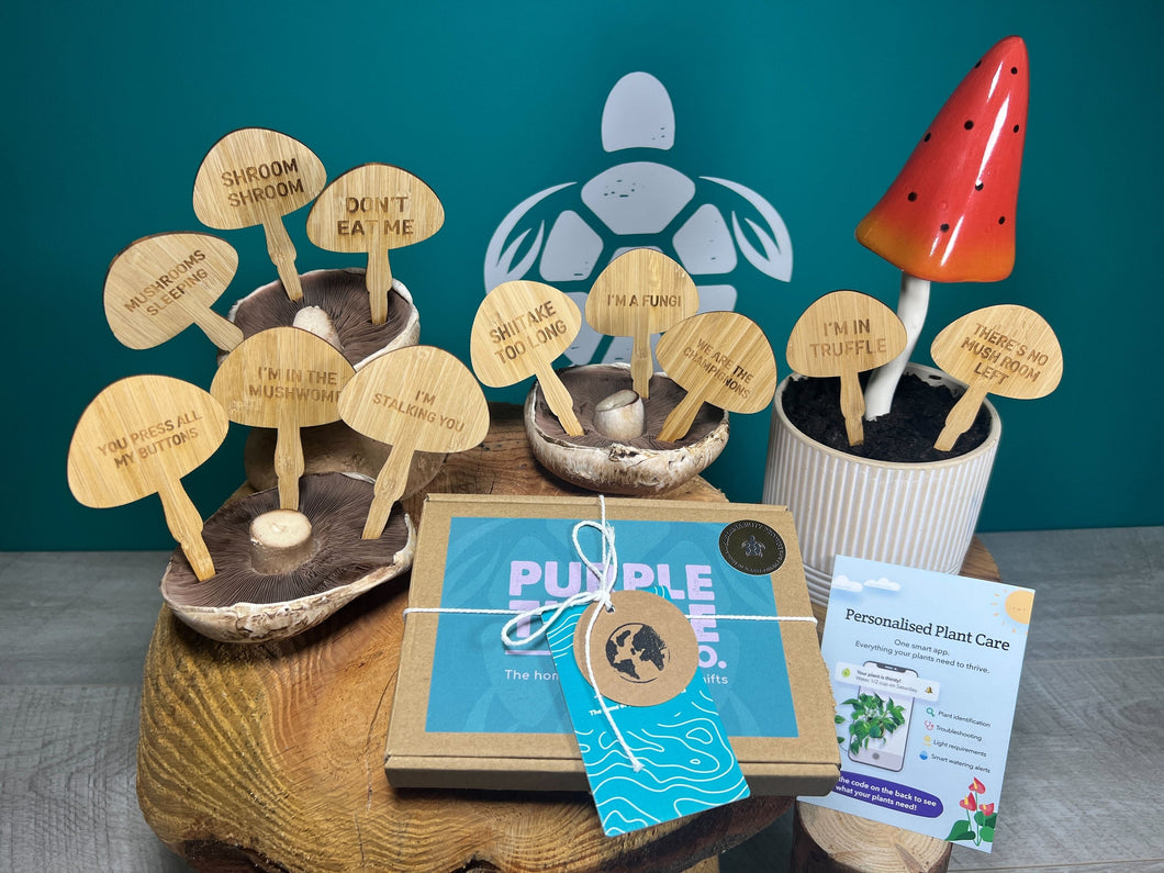 11 x Funny Mushroom Plant Stakes + Gift Box | 100% Eco-Friendly Bamboo | Plant Gifts | Gifts For Plant Lovers | + Free Plant App Membership